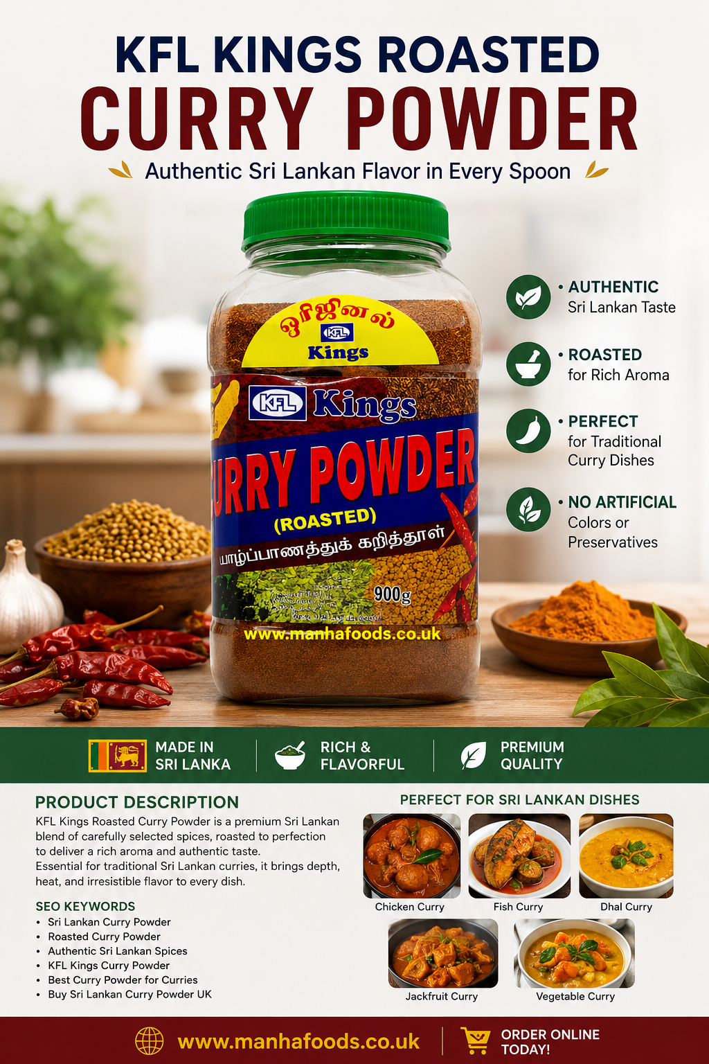 Kings Roasted Curry Powder 900g – Authentic Sri Lankan Curry Spice Blend | Premium Roasted Curry Powder