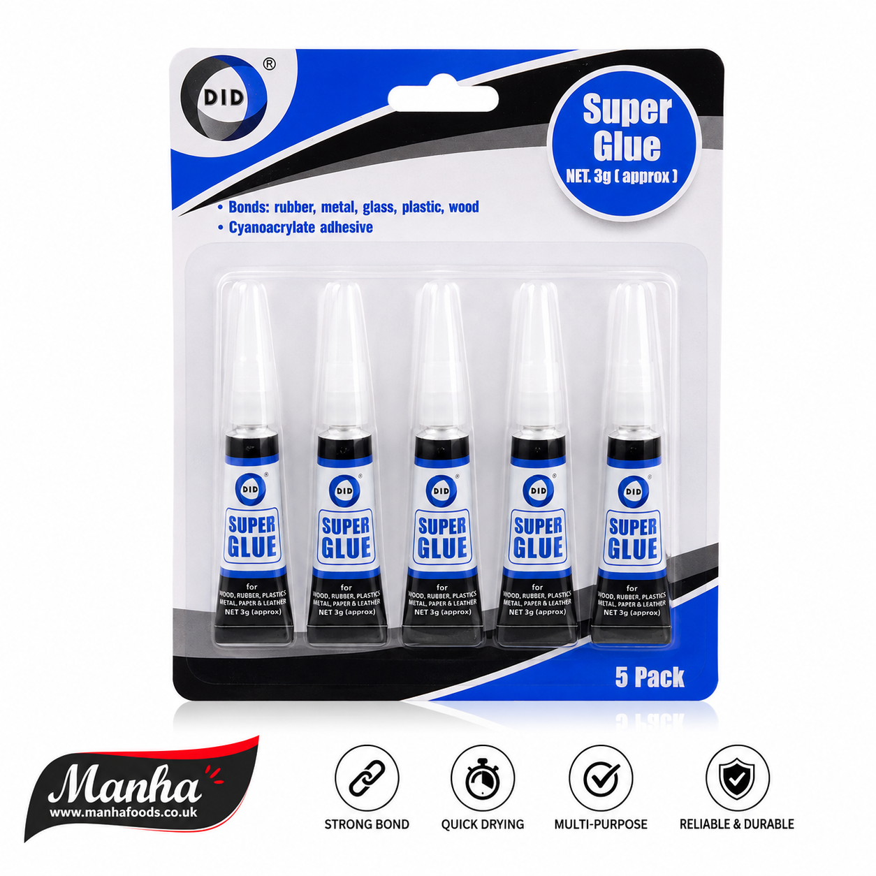 DID Super Glue 5 Pack 3g Multi-Purpose Instant Adhesive for Plastic, Wood, Metal, Glass & Rubber