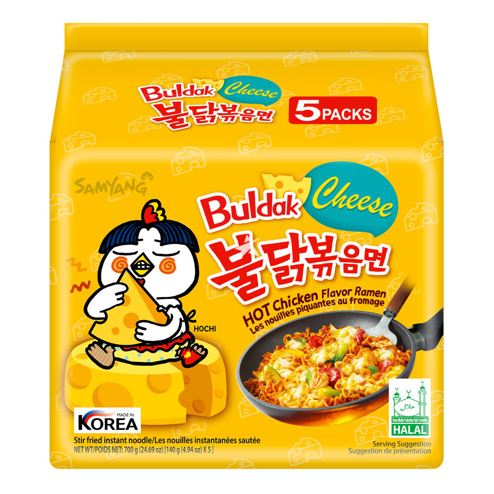 Korean Buldak Stir-Fried Ramen - Hot Chicken Flavor with Cheese, 5 Packs
