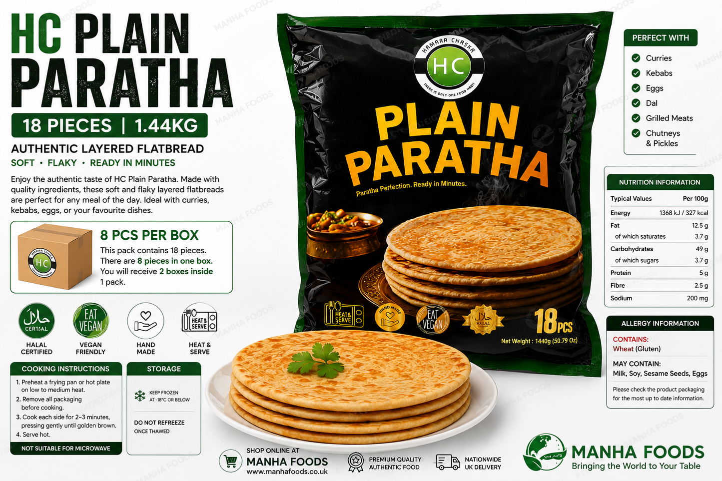 HC Plain Paratha 18 Pieces (1.44kg) | Halal Frozen Layered Flatbread | Vegan