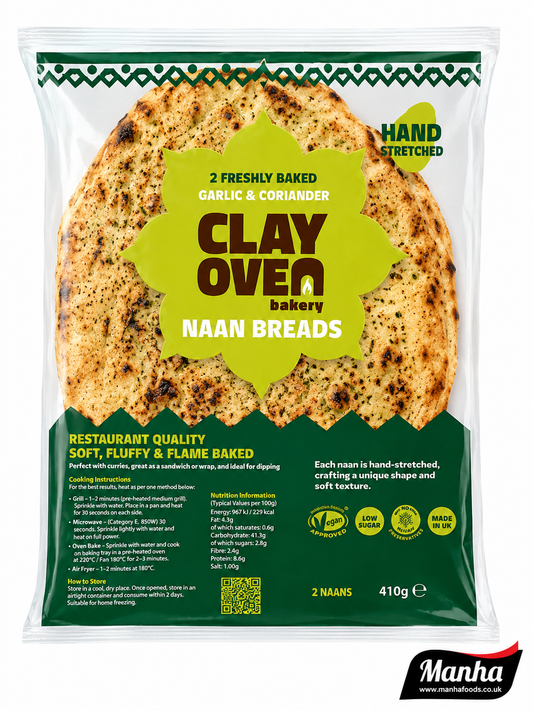 Clay Oven Bakery Garlic & Coriander Naan Breads 2 Pack 410g – Hand Stretched Restaurant Style Naan
