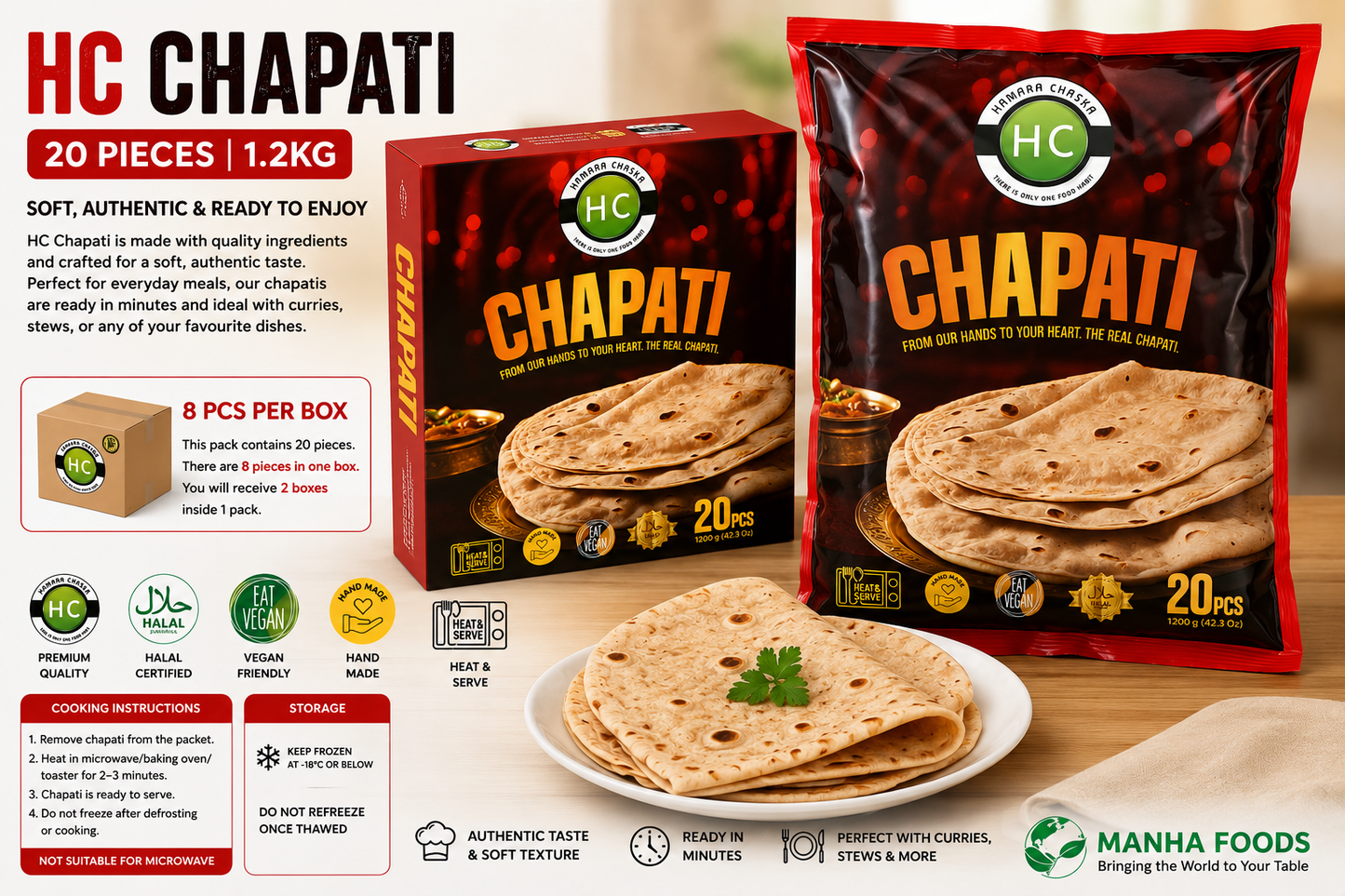 HC Chapati 20 Pieces (1.2kg) | Authentic Halal Frozen Chapati | Vegan Friendly