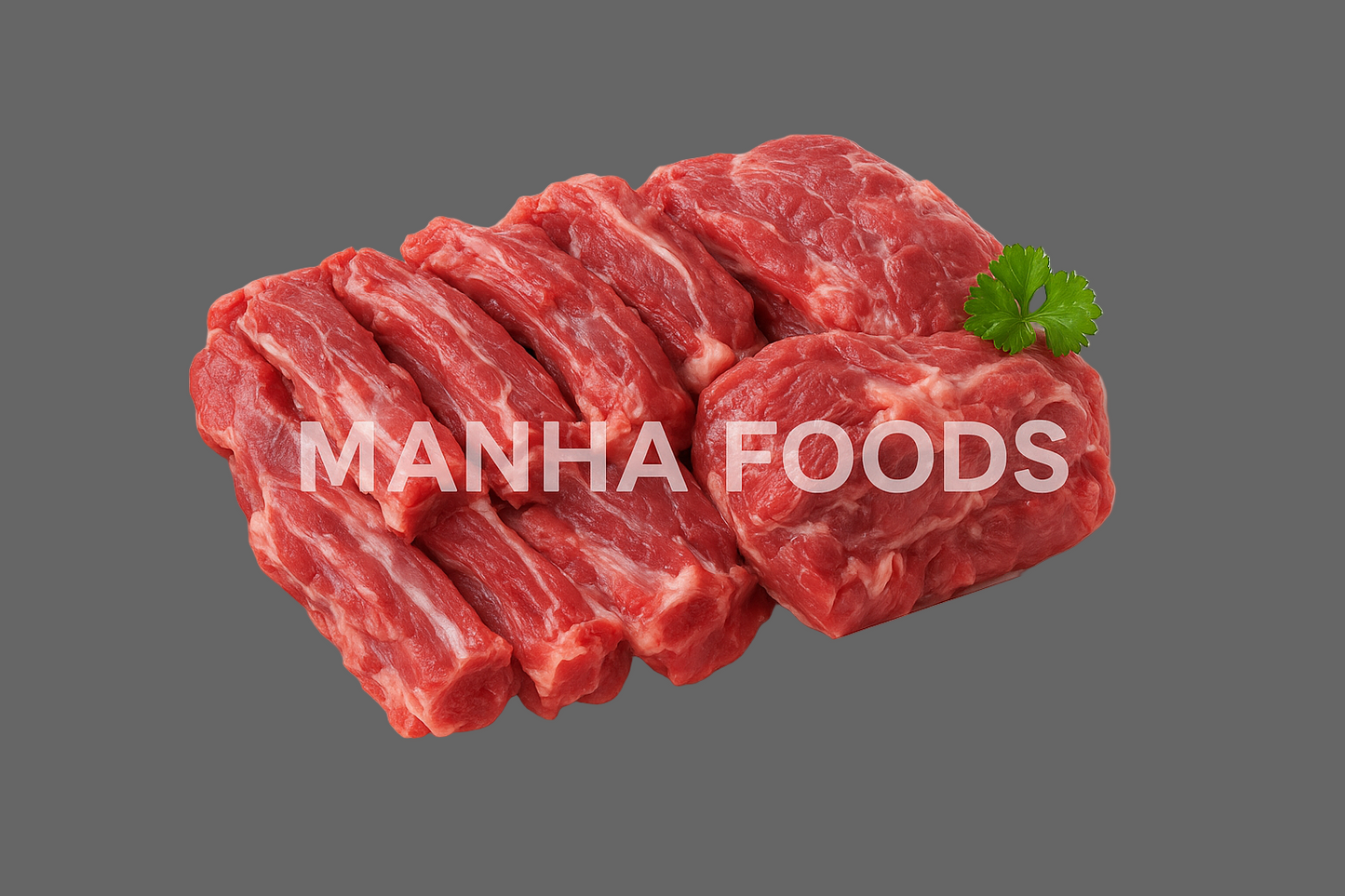 Raw meat on a white plate with 'Manha Foods' branding on a white background