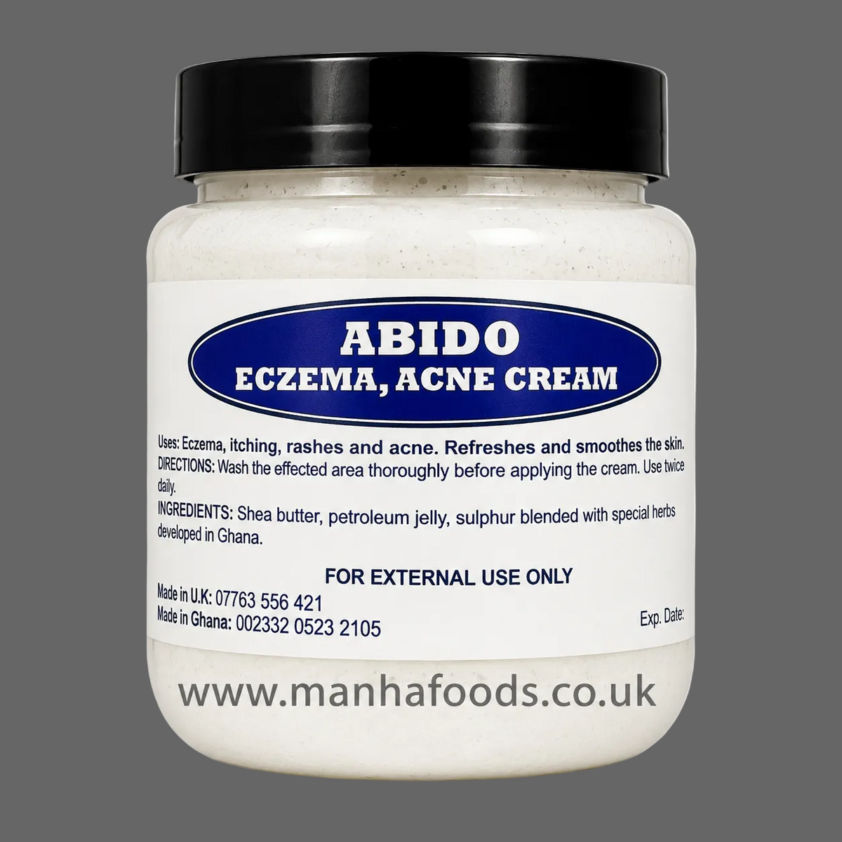 A jar of Abido Eczema, Acne Cream by Manha Foods, featuring a white cream-colored jar, a black lid, and a white label with a blue oval logo.
