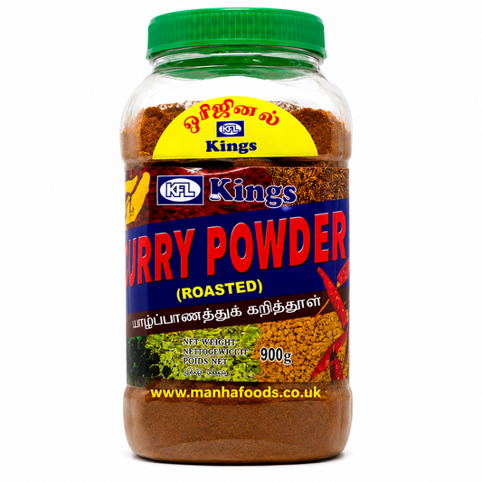 Jar of KFL Kings Curry Powder on a white background